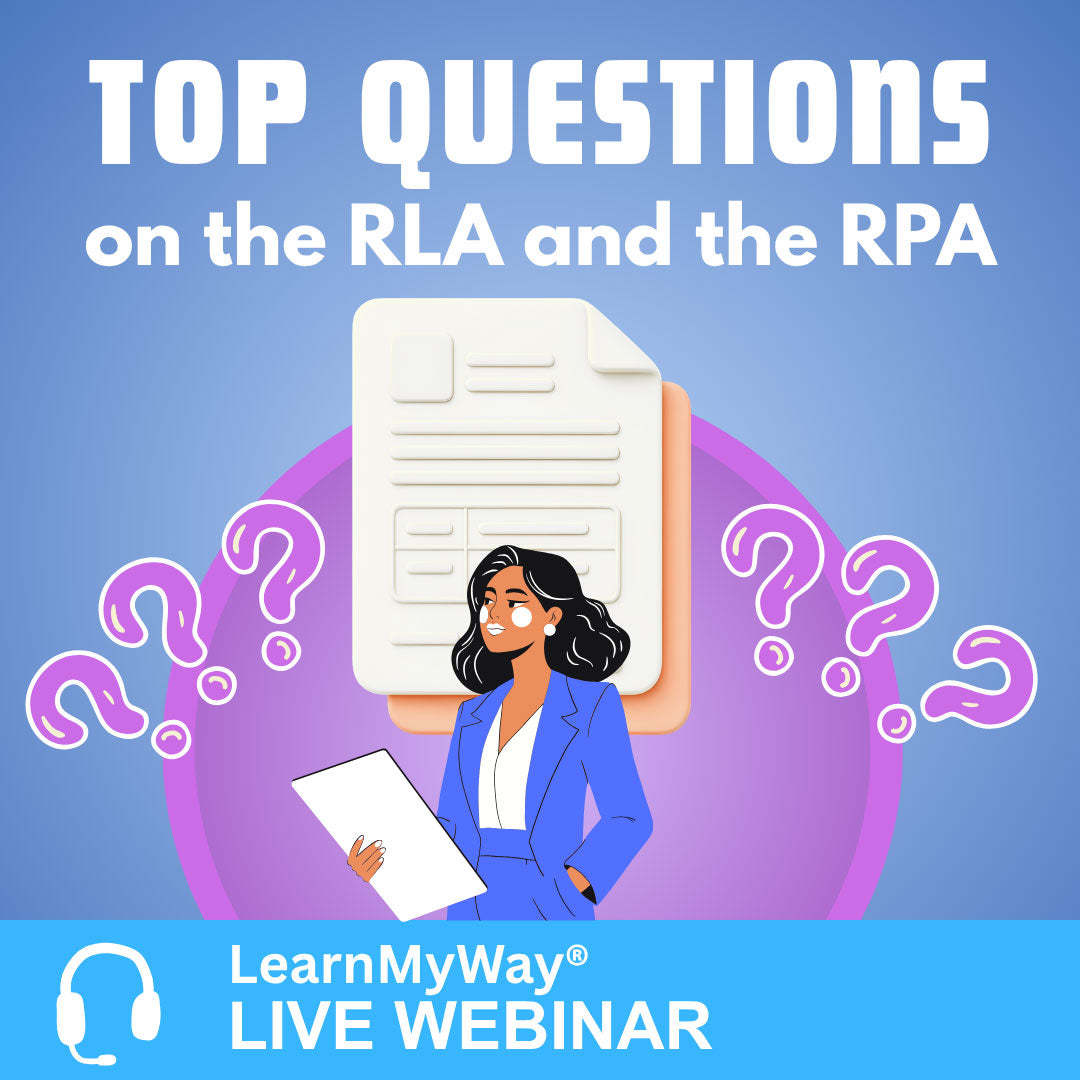 Promotional graphic for a live webinar titled 'TOP QUESTIONS on the RLA and the RPA' with illustrated text, question marks, a woman in a blue blazer holding a tablet, and the LearnMyWay LIVE WEBINAR banner at the bottom.